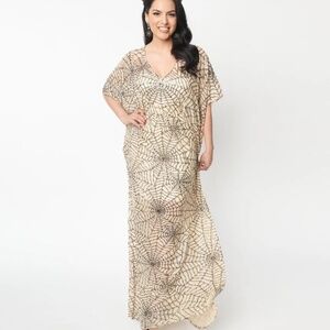 Unique Vintage Nude Sequin Spiderweb Burton Caftan Dress - One Size - Plus